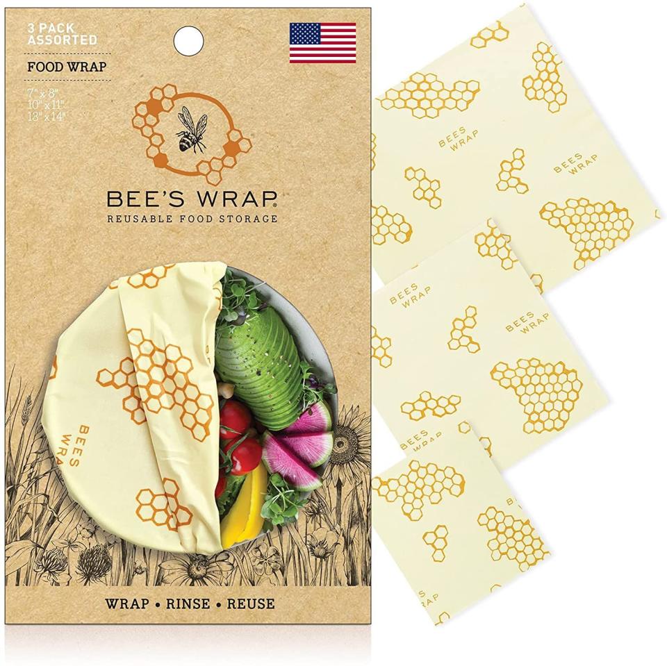 <p><strong>Bee's Wrap</strong></p><p>amazon.com</p><p><strong>$14.99</strong></p><p><a href="https://www.amazon.com/dp/B0126LMDFK?tag=syn-yahoo-20&ascsubtag=%5Bartid%7C10050.g.39375176%5Bsrc%7Cyahoo-us" rel="nofollow noopener" target="_blank" data-ylk="slk:Shop Now;elm:context_link;itc:0" class="link ">Shop Now</a></p><p>Yet another plastic you can completely eliminate in your household use—plastic wrap. Bee's wrap is a plastic wrap alternative made of cotton, beeswax, tree resin, and plant oils that can be reused for up to a year. Simply warm the wrap with the heat of your hands to create a breathable seal, then wash wish soap and cold water when you're done using it. </p>