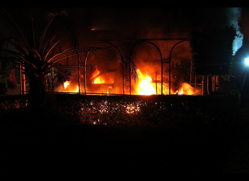 A vehicle burns after it was set on fire inside the US consulate compound in Benghazi late on September 11, 2012. (STR/AFP/GettyImages)