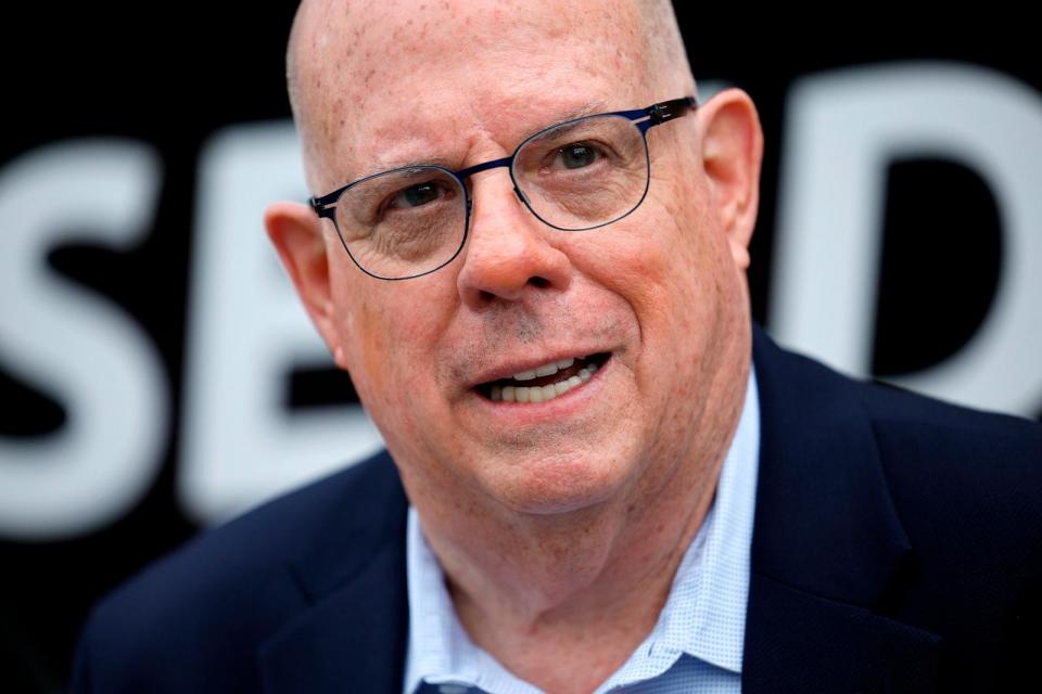 PHOTO: Larry Hogan, Republican candidate for U.S. Senate in Maryland, talks to reporters after he cast his ballot in the state primary election at Davidsonville Elementary School on May 14, 2024 in Davidsonville, Md. (Chip Somodevilla/Getty Images)
