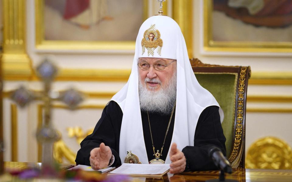 Russian Orthodox Patriarch Kirill chairing a meeting of the Russian Church's Holy Synod in Moscow today - IGOR PALKIN/press-service of the Russian Ort/AFP via Getty Images