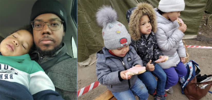 Atnre Alleyne holds his son Nazar on his lap and (from left to right) Taras, Nazar and Zoryana stop to eat sandwiches during the family’s flight from Ukraine to Poland. (Atnre Alleyne)