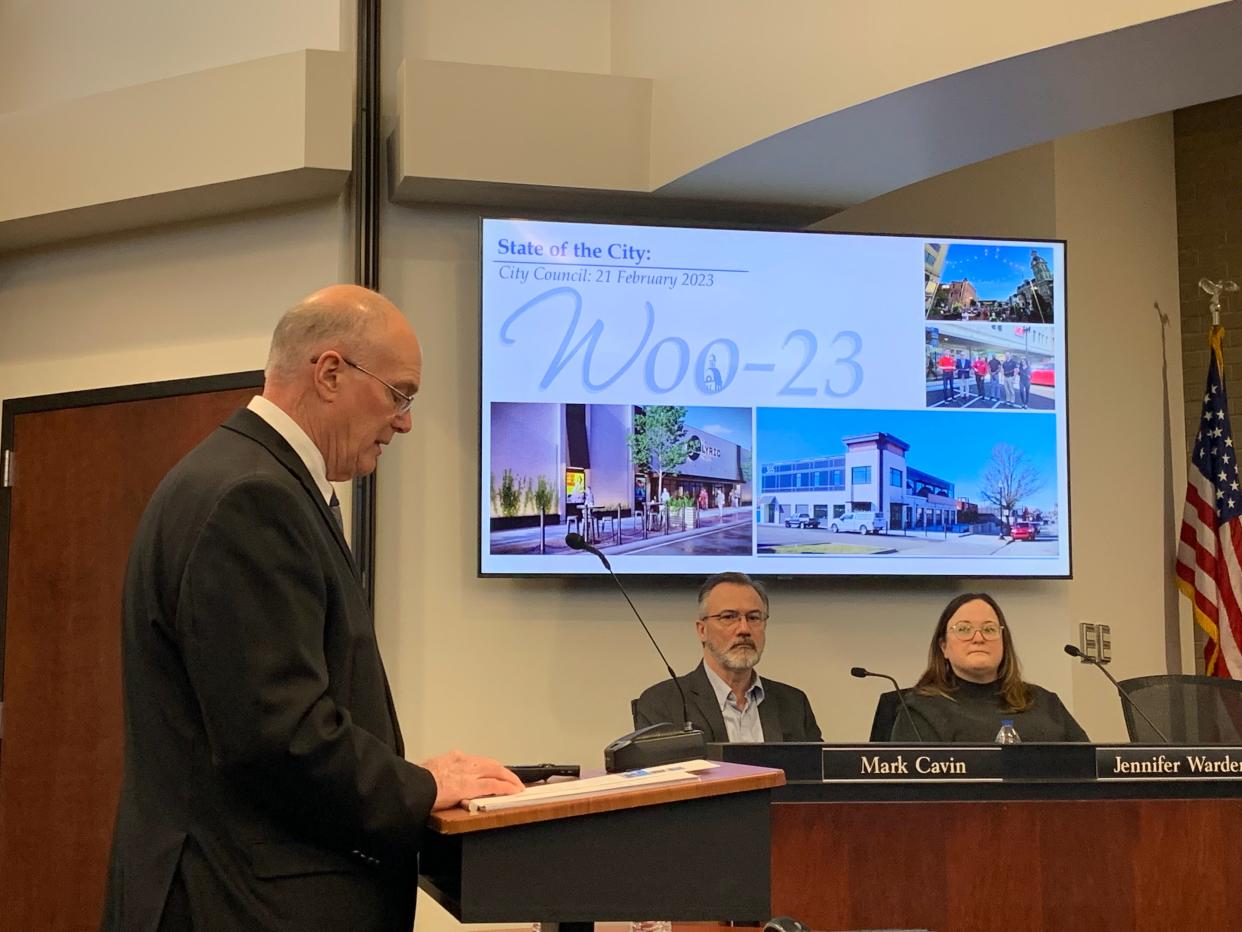 Wooster Mayor Bob Breneman greets City Council at his last state of the city address Tuesday evening.