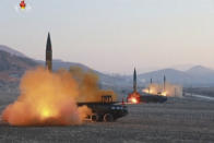 FILE - In this file image made from video released by KRT on Tuesday, March 7, 2017, North Korea launches four missiles in an undisclosed location North Korea. North Korea has a criticism of U.S. President Donald Trump he probably wasn’t expecting: he’s too much like Barack Obama. Just before Secretary of State Rex Tillerson arrived in Tokyo, the North launched several ballistic missiles into the Sea of Japan. While he was still in China, it conducted a test of what it called a “revolutionary” new type of engine for its rockets. On Wednesday, March 22, 2017, it appears to have conducted more missile tests from the eastern port city of Wonsan, though they reportedly failed. (KRT via AP Video, File)