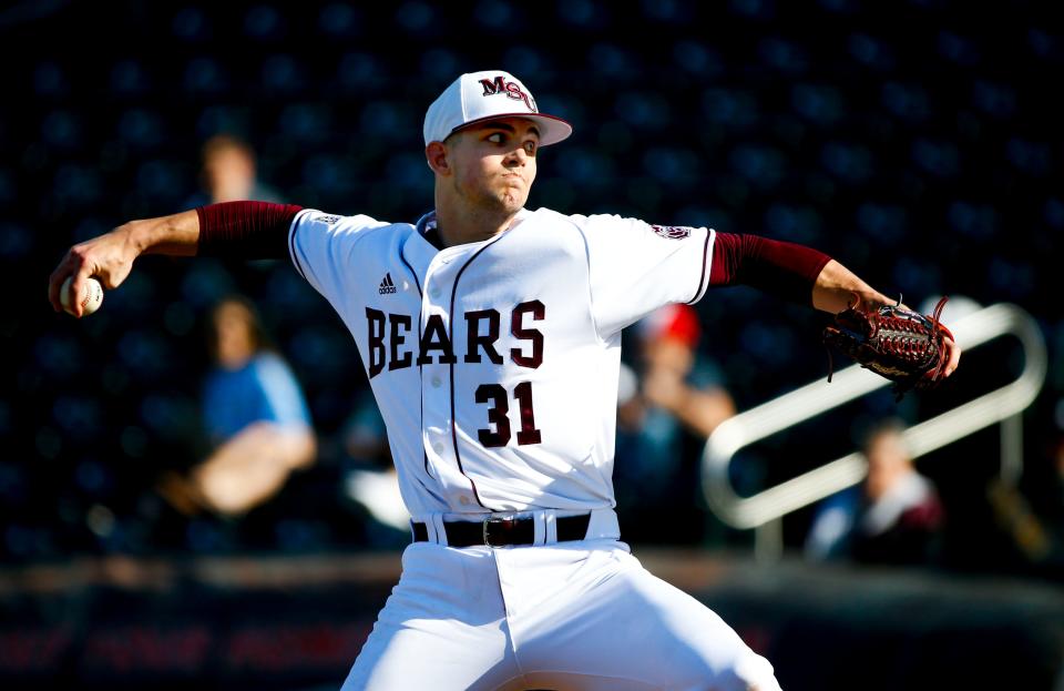 Missouri State Bears starting pitcher Forrest Barnes delivers a pitch to the plate during a game against the Central Arkansas Bears at Hammons Field on Tuesday, Feb. 26, 2019. 