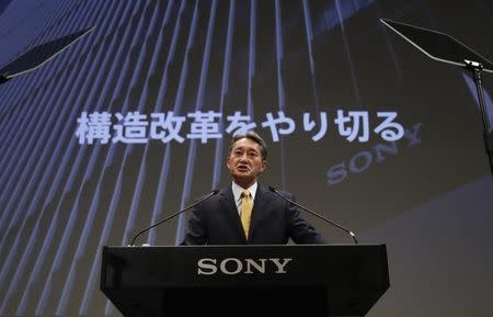 Sony Corp President and Chief Executive Officer Kazuo Hirai speaks during during an investors' conference at the company's headquarters in Tokyo November 18, 2014. REUTERS/Toru Hanai