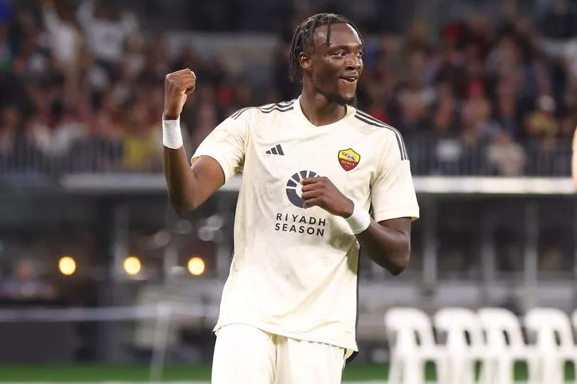 Tammy Abraham of AS Roma celebrates his goal during the friendly between AC Milan and AS Roma at Optus Stadium on May 31, 2024 in Perth, Australia