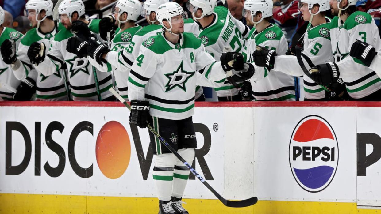 <div>DENVER, COLORADO - MAY 13: Miro Heiskanen #4 of the Dallas Stars celebrates with teammates after his goal during the second period in Game Four of the Second Round of the 2024 Stanley Cup Playoffs at Ball Arena on May 13, 2024 in Denver, Colorado. (Photo by Matthew Stockman/Getty Images)</div>