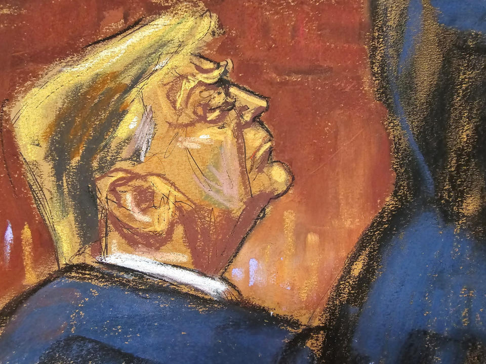 A courtroom sketch of Donald Trump in court.