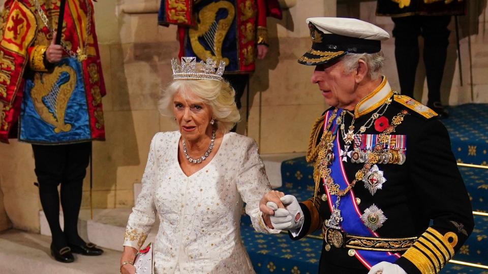 london, england november 7 king charles iii and queen camilla depart from the sovereigns entrance at the palace of westminster following the state opening of parliament in the house of lords on november 7, 2023 in london, england the speech delivered by the monarch but written by the government sets out the governments priorities for the coming year this session of parliament will lead up to the next general election photo by victoria jones wpa poolgetty images