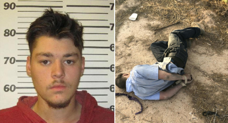 Brandon Soules, 19, pictured left in a mugshot and right with his hands tied behind his back.