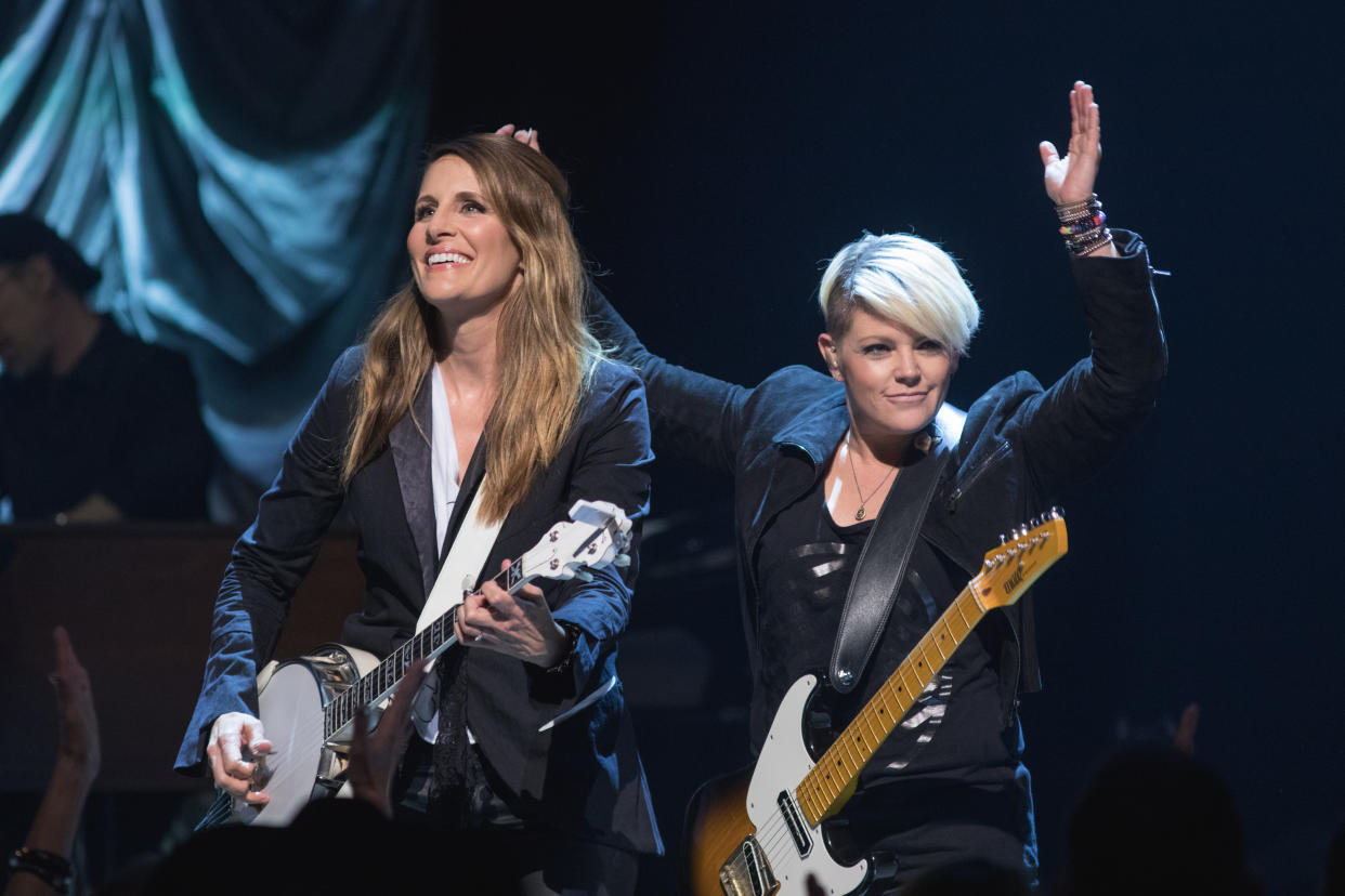 Emily Strayer and Natalie Maines of the Chicks (pictured in 2018) are speaking out about changing their band name, and the controversy that has ensued. (Photo: Rick Kern/WireImage)