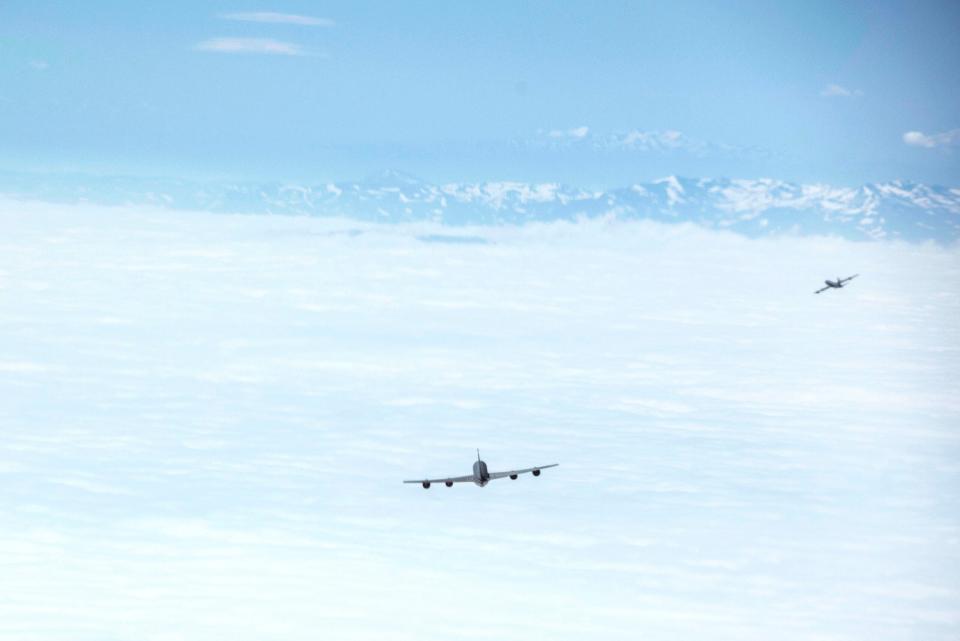 U.S. Air Force KC-135 Stratotankers fly in formation with Turkish Air Force KC-135 Stratotankers assigned to the 10th Tanker Base, Incirlik Air Base, over Turkey during a previous Bomber Task Force mission on May 29, 2020. <em>U.S. Air Force photo by Staff Sgt. Joshua Magbanua</em>