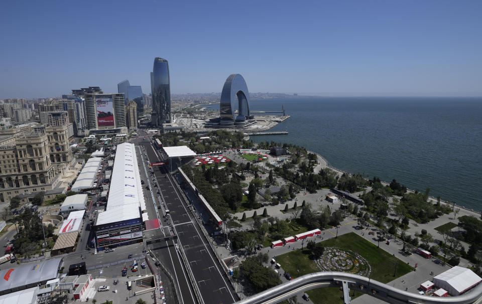 A view of the Baku circuit, in Baku, Azerbaijan, Thursday, April 27, 2022. The Formula One Grand Prix will be held on Sunday April 30, 2023. (AP Photo/Sergei Grits)