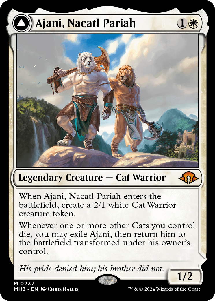 Ajani Nacatl Pariah legendary creature from MTG Modern Horizons 3. Two musclebound anthropomorphic lions appear in the card art.