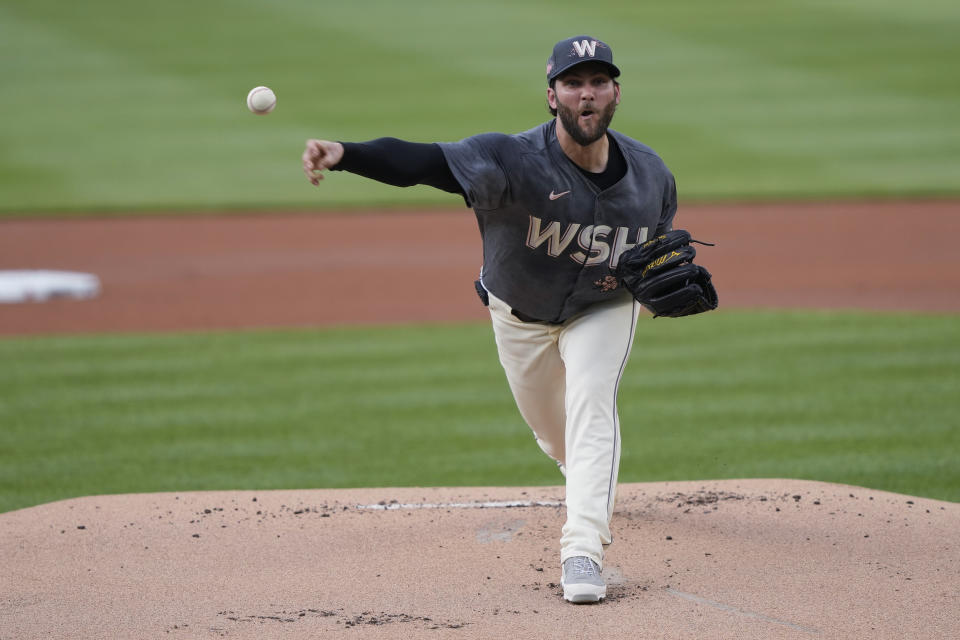 Washington Nationals pitcher Trevor Williams (32) delivers against the Baltimore Orioles during the first inning of a baseball game at Nationals Park in Washington, Tuesday, May 7, 2024. (AP Photo/Susan Walsh)