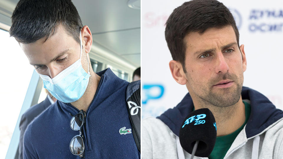 Pictured right, Novak Djokovic addresses media during a tennis press conference.