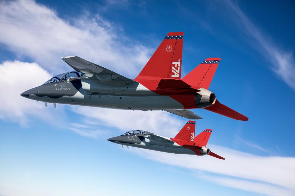 The two production-representative T-7A test jets over St. Louis during a test flight <em>E. Shindelbower/Boeing Company</em>