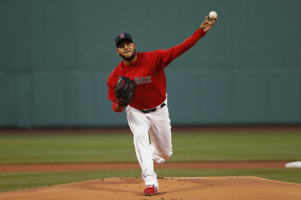 Boston Red Sox starting pitcher Eduardo Rodriguez delivers against the Toronto Blue Jays during the first inning of a baseball game Tuesday, April 20, 2021, at Fenway Park in Boston. (AP Photo/Winslow Townson)