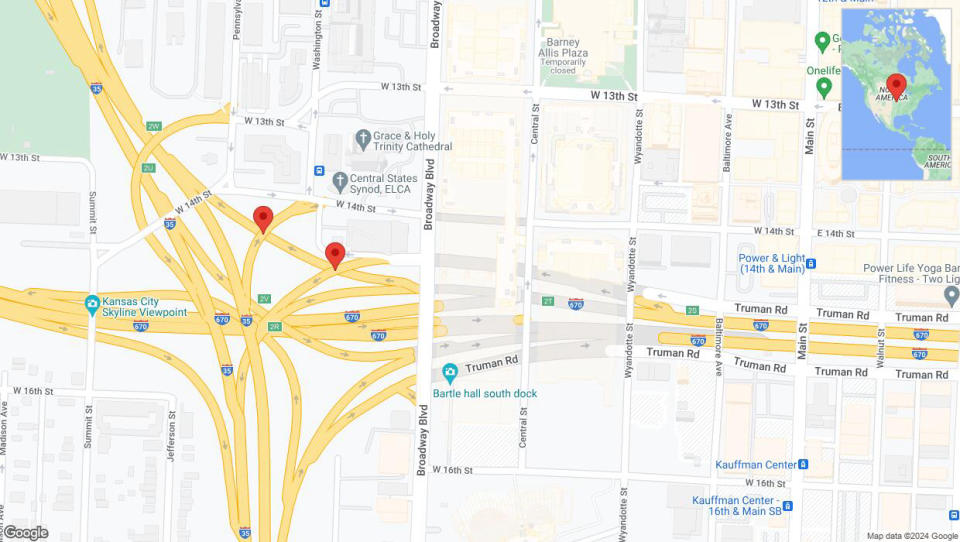 A detailed map that shows the affected road due to 'East 14th Avenue temporarily closed in Kansas City' on July 26th at 8:41 p.m.