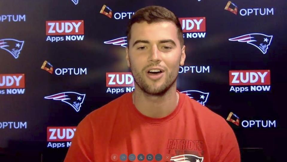 In this still image from a Webex media availability hosted by the New England Patriots, quarterback Jarrett Stidham responds to a question, Friday, Aug. 7, 2020, in Foxborough, Mass. (New England Patriots via AP)