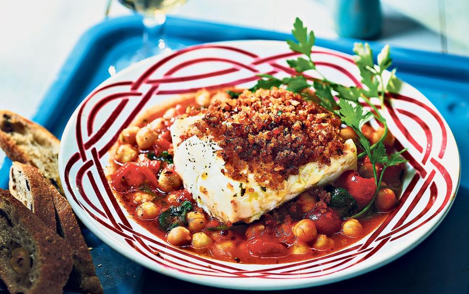 Harissa-crusted cod with quick chickpea, spinach and tomato stew - Dan Jones