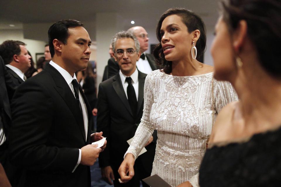 U.S. Representative Joaquin Castro (D-TX) (L) greets actress Rosario Dawson (R) as they arrive at the annual White House Correspondents' Association Dinner in Washington May 3, 2014. REUTERS/Jonathan Ernst REUTERS/Jonathan Ernst