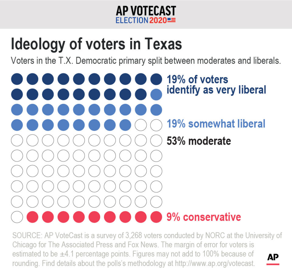 AP VoteCast shows the ideological breakdown of Texas' Democratic voters. ;