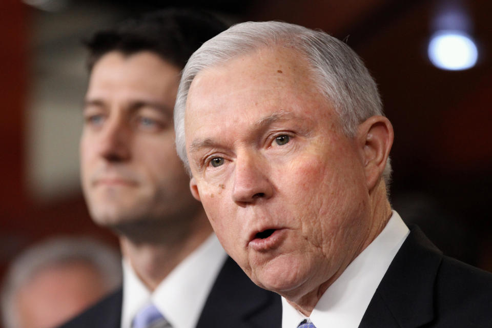 Sen. Jeff Session, R-Ala., ranking Republican on the Senate Budget Committee, right, accompanied by House Budget Committee Chairman Rep. Paul Ryan, R-Wis., speaks about Ryan's budget plan during a news conference on Capitol Hill in Washington, Tuesday, March 20, 2012. (AP Photo/Jacquelyn Martin)