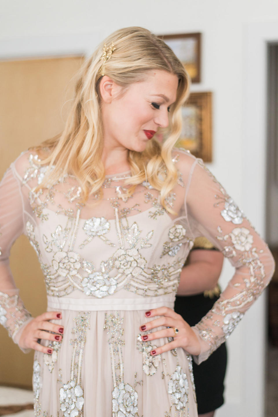 The bride went to <a href="http://www.huffingtonpost.com/topic/bhldn">BHLDN</a> for her dress. "When you plan a wedding in six weeks, you need a dress that fits and can be taken home that day."
