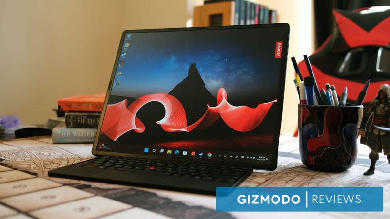 Unfolded, the Lenovo ThinkBook X1 Fold 16 sports a nice, vibrant OLED screen, but its keyboard leaves a lot to be desired. - Photo: Kyle Barr / Gizmodo