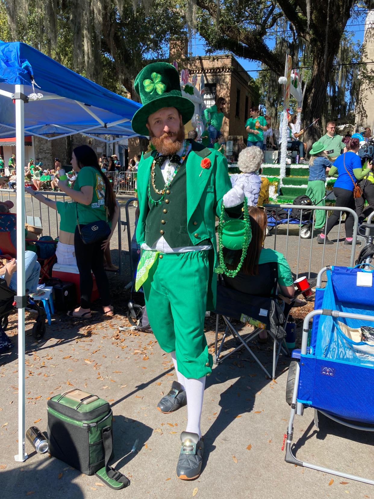 Matt Chase is in a leprechaun outfit for the 2022 Savannah St. Patrick's Day Parade.