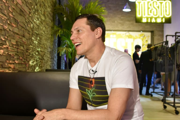 Grammy-winning DJ-producer Tiesto speaks to the media on March 22, 2017, at the opening of Tiesto Miami, a pop-up boutique in Miami Beach, Florida