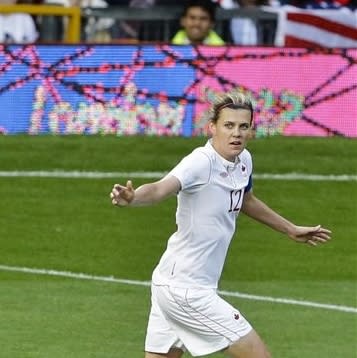 Canada's Christine Sinclair celebrates her goal during the semifinal women's soccer match against the United States at the 2012 Summer Olympics, Monday, Aug. 6, 2012, at Old Trafford in Manchester, England. (AP Photo/Ben Curtis)