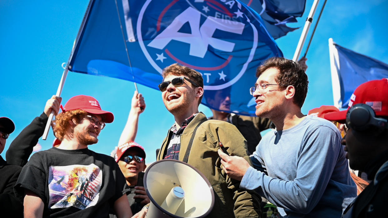 Nick Fuentes, the leader of an extremist white nationalist group, speaks to his followers in 2020. 