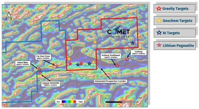 Figure 1 : Liberty 2024 Field Program – Phase 1 Exploration 
Gravity, Geochem and AI targets to be investigated (CNW Group/Comet Lithium Corp.)