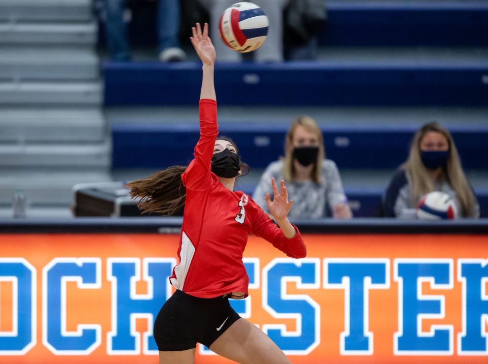 Glenwood's Natalie Alexander (3) hits a shot over the net against Rochester in the semifinals of the CS8 Volleyball Tournament at the Rochester Athletic Complex in Rochester, Ill., Tuesday, April 20, 2021. [Justin L. Fowler/The State Journal-Register] 