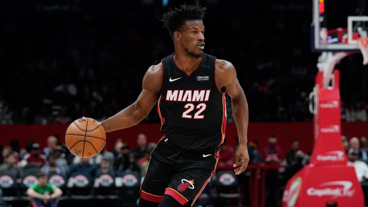 WASHINGTON, DC - MARCH 08: Jimmy Butler #22 of the Miami Heat dribbles against the Washington Wizards in the first half at Capital One Arena on March 08, 2020 in Washington, DC.