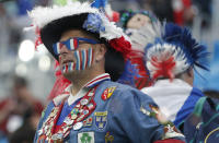 <p>A French fan looks out from the stands as he waits for the start of the semi </p>