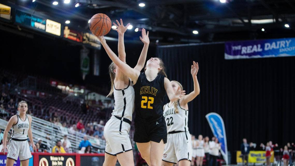 Bishop Kelly senior Addie Hiler scores during the 4A girls basketball state semifinals on Feb. 17.