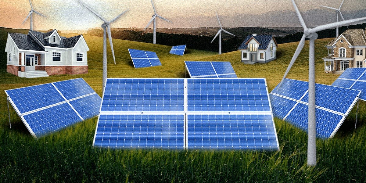 Solar panels, windmills, and houses popping up on a farm field 2x1 gif