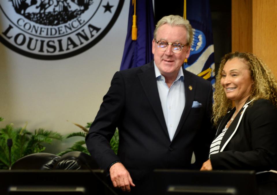 (Left to right) Shreveport Councilman Gary Brooks and Councilwoman Ursula Bowman talk moments before the Shreveport City Council meeting Tuesday July, 25, 2023, at Government Plaza.