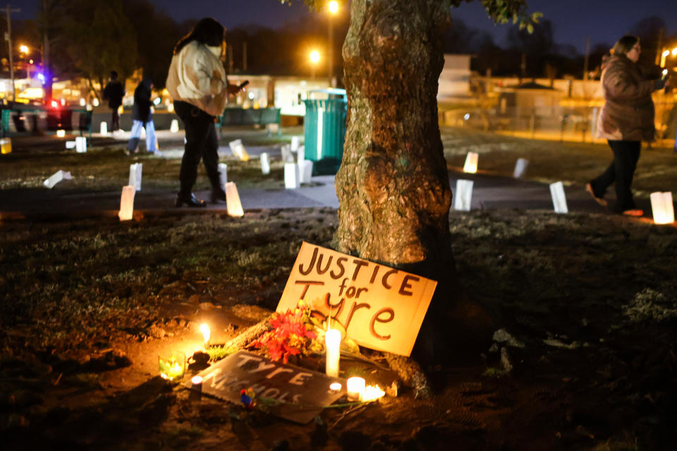 People attend a candlelight vigil for Tyre Nichols in Memphis on Jan. 26, 2023. (Scott Olson / Getty Images file)