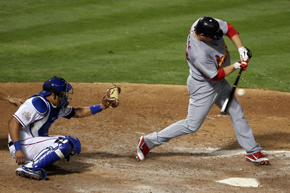 ARLINGTON, TX - OCTOBER 22: David Freese #23 of the St. Louis Cardinals gets a broken bat RBI in the fifth inning during Game Three of the MLB World Series against the Texas Rangers at Rangers Ballpark in Arlington on October 22, 2011 in Arlington, Texas. (Photo by Ezra Shaw/Getty Images)