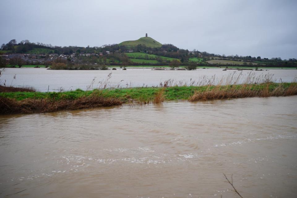 Flooded fields near to Glastonbury Tor, Somerset, on Thursday (PA)