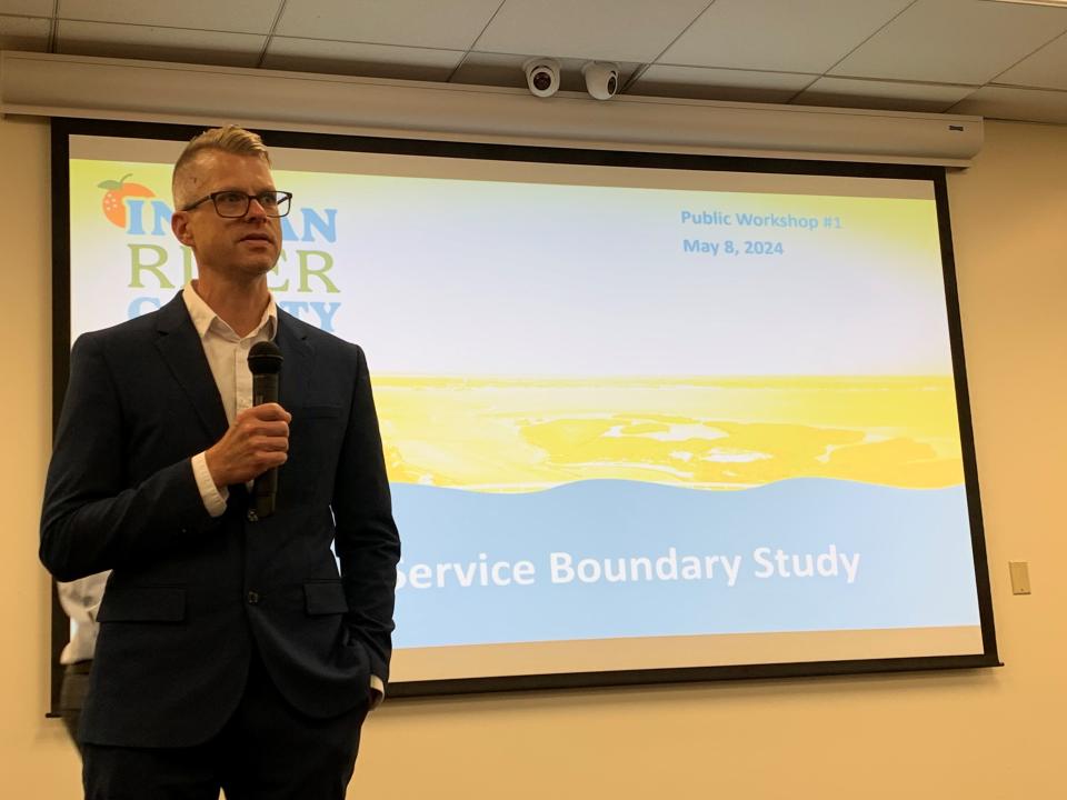 Andy Sobczak, Indian River County's planning & development services director, addresses a crowd gathered to learn about the county's urban services area Wednesday May 9, 2024, at the North County Library in Sebastian.