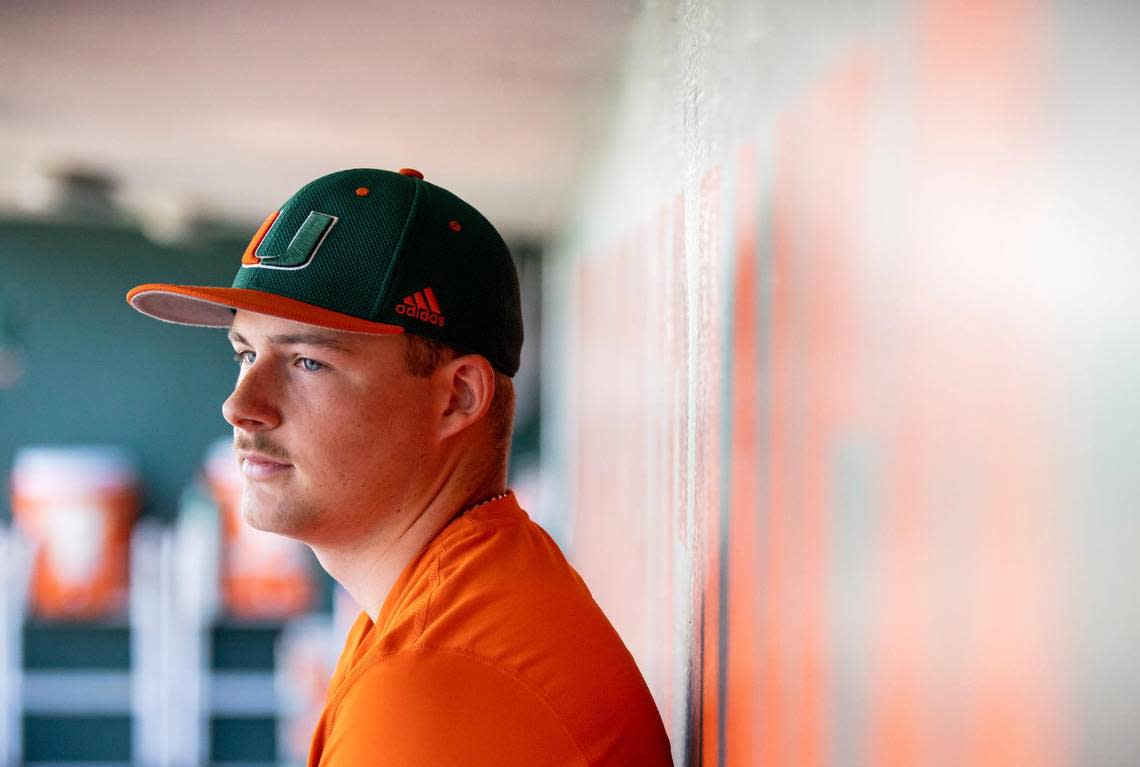 Miami Hurricanes pitcher Gage Ziehl (31) speaks to reporters during media day at Mark Light Field on Tuesday, Feb. 14, 2023, in Coral Gables, Fla.