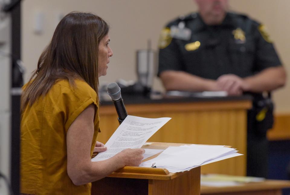 Cindy Mishcon, sister of murder victim Michelle Mishcon, reads her statement about killer Austin Harrouff during a court proceeding before Circuit Judge Sherwood Bauer at the Martin County Courthouse on Monday, Nov. 28, 2022 in Stuart, Fla.