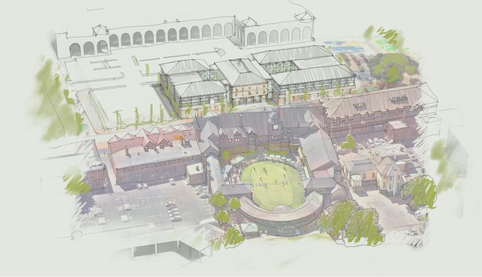 A sketch provides an aerial view of the International Tennis Hall of Fame and a hotel proposed for Bellevue Avenue.