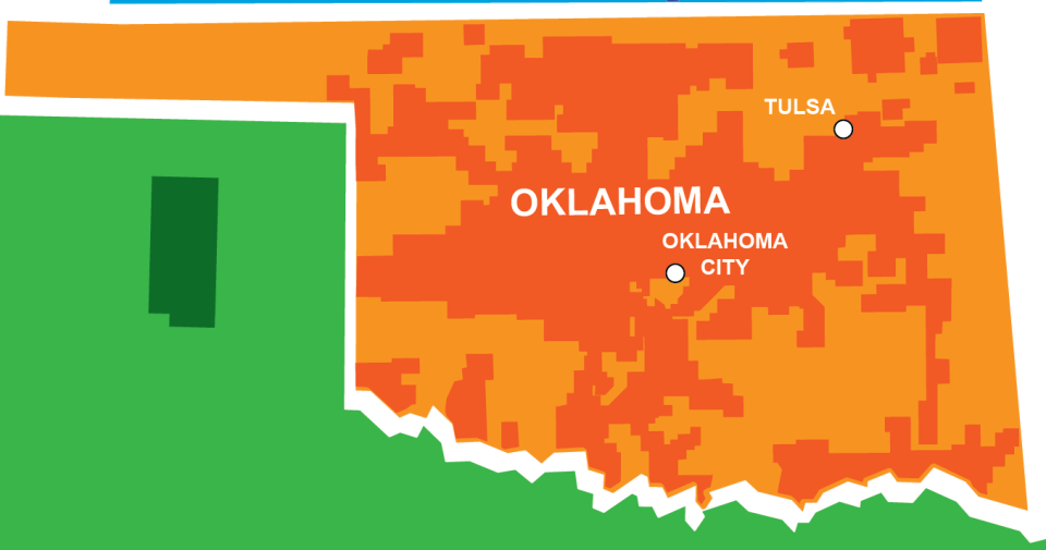 Oklahoma Natural Gas serves 875,000 residential and business customers within the darker-shaded areas of the state.