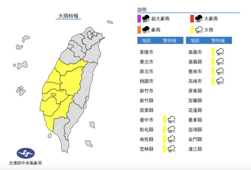 ▲氣象局在今日下午針對8縣市發布大雨特報，提醒台中以南到高雄、南投地區要留意有局部大雨發生機率。（圖／翻攝中央氣象局官網）